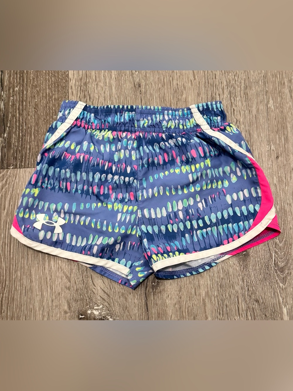 Under Armour Girls Printed Running Shorts Blue Pink Size 4